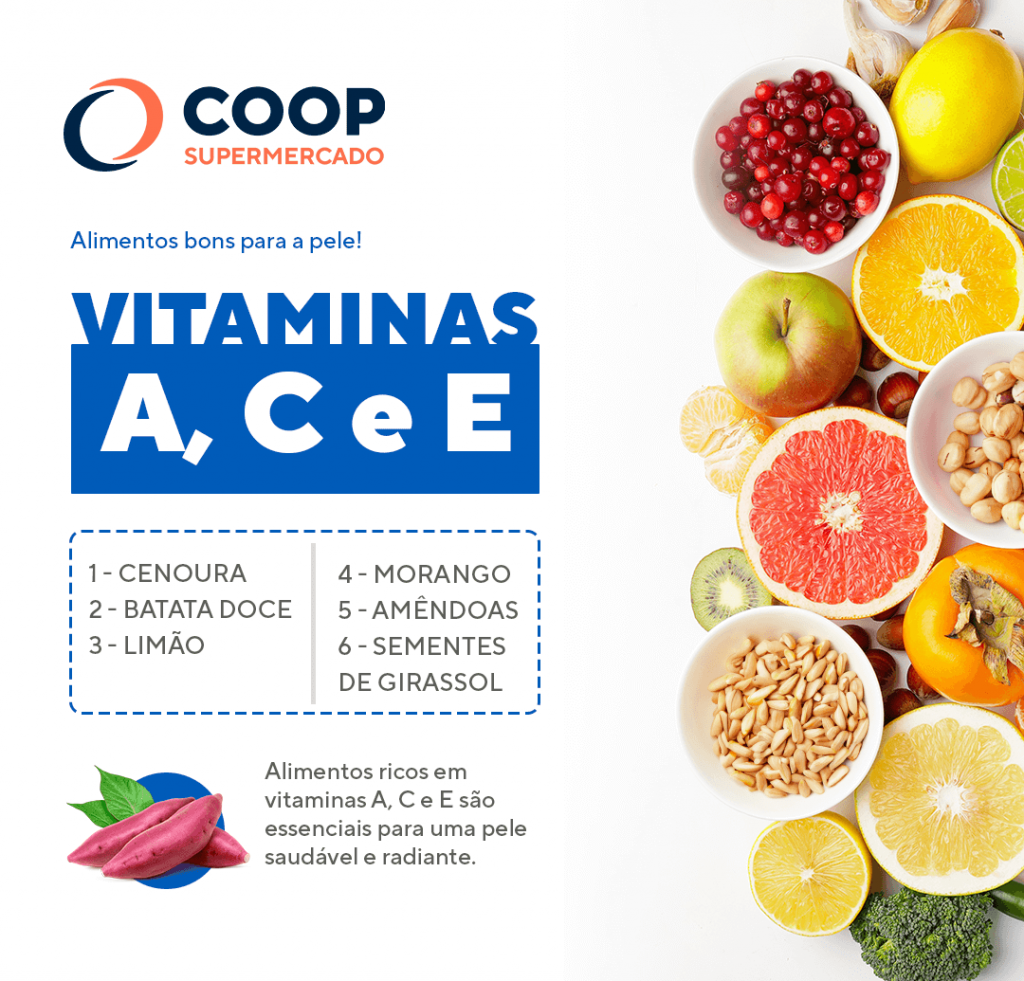 Skin Cycling Infográfico Alimentos Bons Pra Pele Vitaminas A, C e E